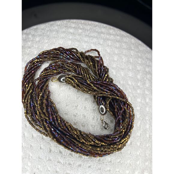 Vintage Glass Beaded Necklace Dark Brown Braided Multi Strand 29" - Picture 4 of 6